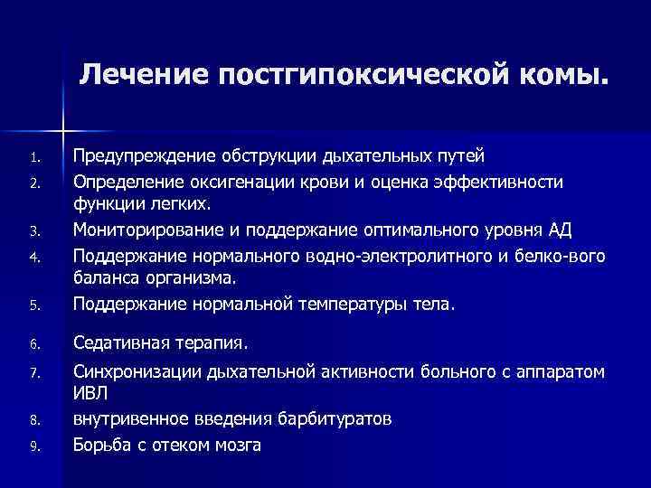 Лечение постгипоксической комы. 5. Предупреждение обструкции дыхательных путей Определение оксигенации крови и оценка эффективности