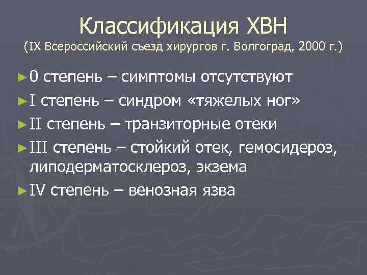 Классификация ХВН (IX Всероссийский съезд хирургов г. Волгоград, 2000 г. ) ► 0 степень