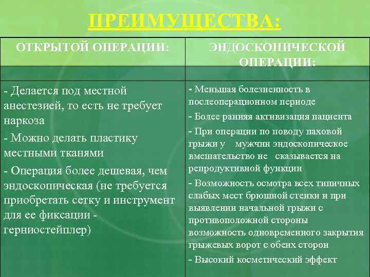 ПРЕИМУЩЕСТВА: ОТКРЫТОЙ ОПЕРАЦИИ: - Делается под местной анестезией, то есть не требует наркоза -