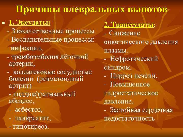 Причины плевральных выпотов n 1. Эксудаты: - Злокачественные процессы - Воспалительные процессы: инфекции, -