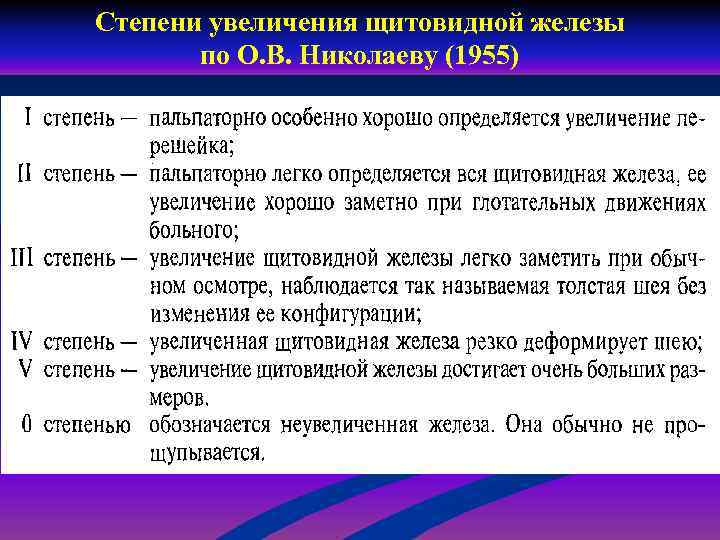 Степени увеличения щитовидной железы по О. В. Николаеву (1955) 