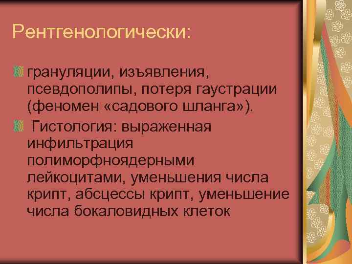 Рентгенологически: грануляции, изъявления, псевдополипы, потеря гаустрации (феномен «садового шланга» ). Гистология: выраженная инфильтрация полиморфноядерными