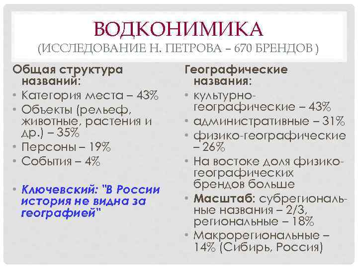 ВОДКОНИМИКА (ИССЛЕДОВАНИЕ Н. ПЕТРОВА – 670 БРЕНДОВ ) Общая структура названий: • Категория места