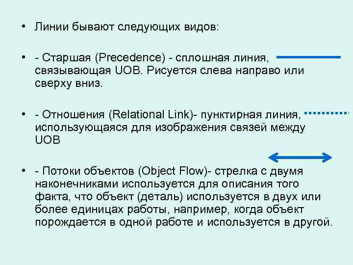  • Линии бывают следующих видов: • - Старшая (Precedence) - сплошная линия, связывающая