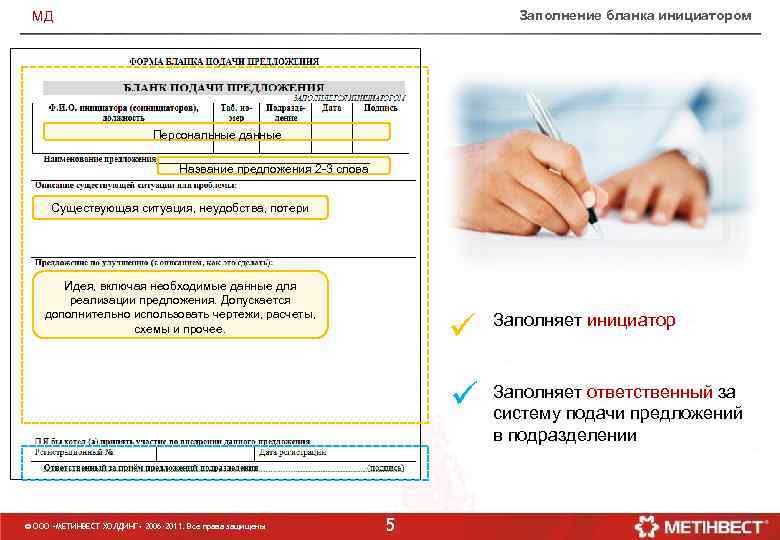 Заполнение бланка инициатором МД Персональные данные Название предложения 2 -3 слова Существующая ситуация, неудобства,