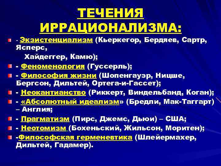 Иррационализм в философии. Представители иррационализма в философии. Основные направления иррационализма. Экзистенциализм и иррационализм.