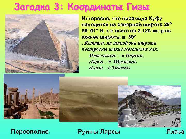 Загадка 3: Координаты Гизы Интересно, что пирамида Куфу находится на северной широте 29° 58'