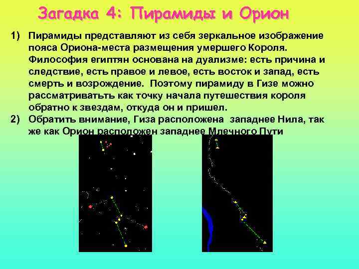 Загадка 4: Пирамиды и Орион 1) Пирамиды представляют из себя зеркальное изображение пояса Ориона-места