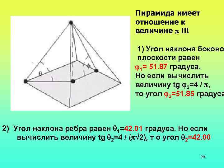 Пирамида имеет отношение к величине !!! 1) Угол наклона боково плоскости равен 1= 51.