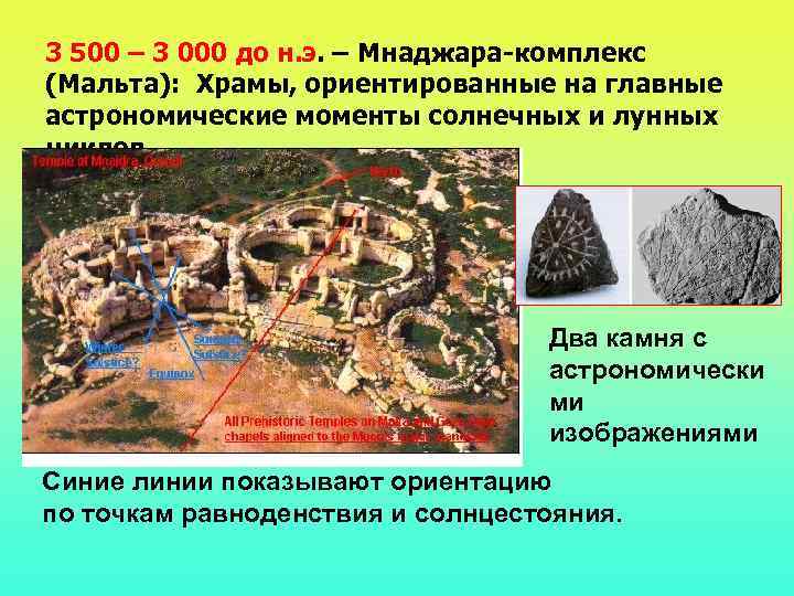 3 500 – 3 000 до н. э. – Мнаджара-комплекс (Мальта): Храмы, ориентированные на