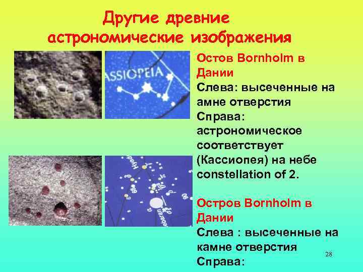 Другие древние астрономические изображения Остов Bornholm в Дании Слева: высеченные на амне отверстия Справа: