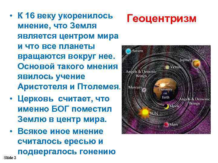  • К 16 веку укоренилось мнение, что Земля является центром мира и что
