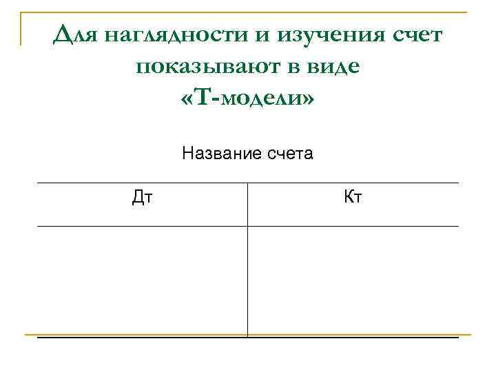 Для наглядности и изучения счет показывают в виде «Т-модели» Название счета Дт Кт 
