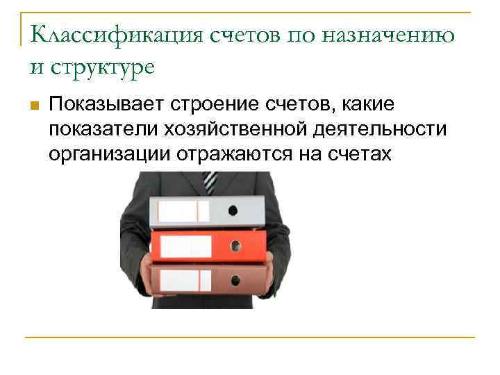 Классификация счетов по назначению и структуре n Показывает строение счетов, какие показатели хозяйственной деятельности
