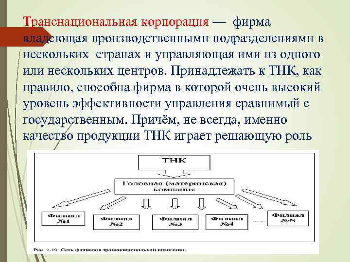 Транснациональная корпорация — фирма владеющая производственными подразделениями в нескольких странах и управляющая ими из