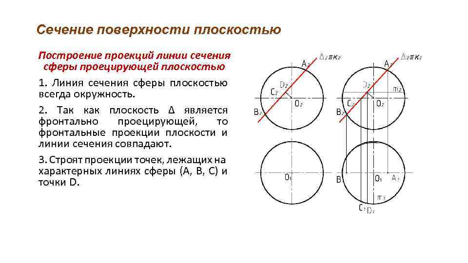 Найти сечение поверхности. Сечение сферы проецирующей плоскостью. Сечение поверхности проецирующей плоскостью. Сечение сферы фронтально проецирующей плоскостью. Построить сечение сферы плоскостью.