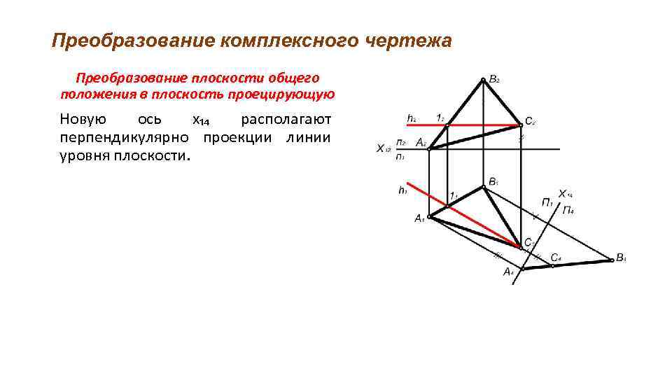 Преобразование комплексного чертежа Преобразование плоскости общего положения в плоскость проецирующую Новую ось х₁₄ располагают