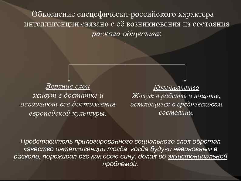 Объяснение спецефически-российского характера интеллигенции связано с её возникновения из состояния раскола общества: Верхние слои