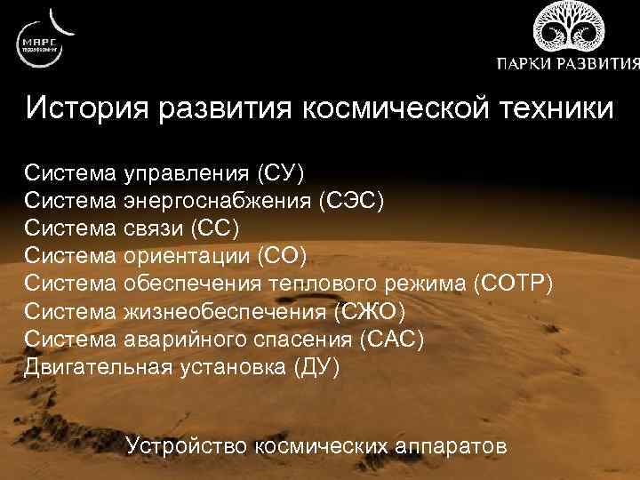 История развития космической техники Система управления (СУ) Система энергоснабжения (СЭС) Система связи (СС) Система
