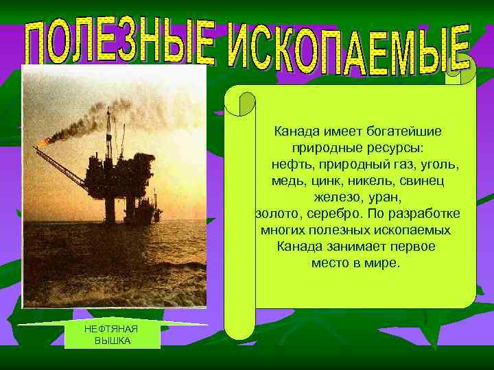 Канада имеет богатейшие природные ресурсы: нефть, природный газ, уголь, медь, цинк, никель, свинец железо,