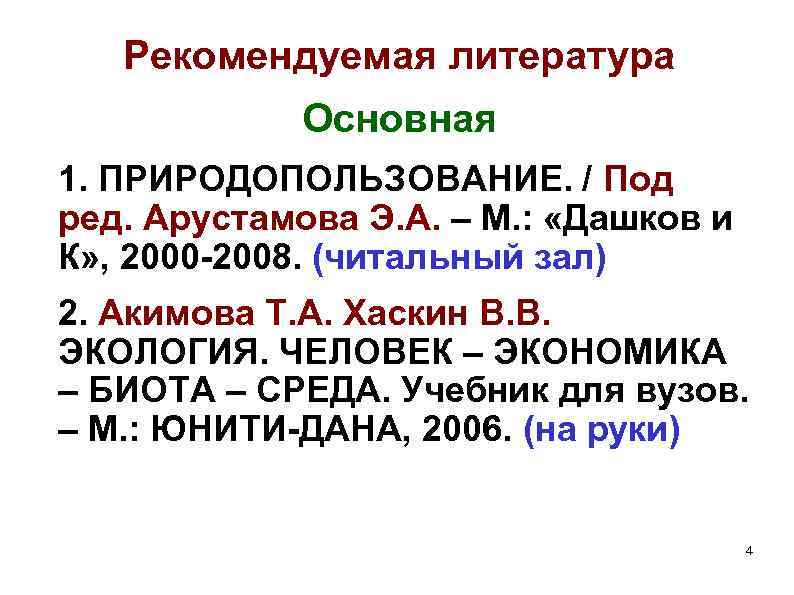 Рекомендуемая литература Основная 1. ПРИРОДОПОЛЬЗОВАНИЕ. / Под ред. Арустамова Э. А. – М. :