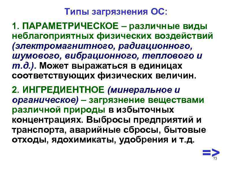 Типы загрязнения ОС: 1. ПАРАМЕТРИЧЕСКОЕ – различные виды неблагоприятных физических воздействий (электромагнитного, радиационного, шумового,