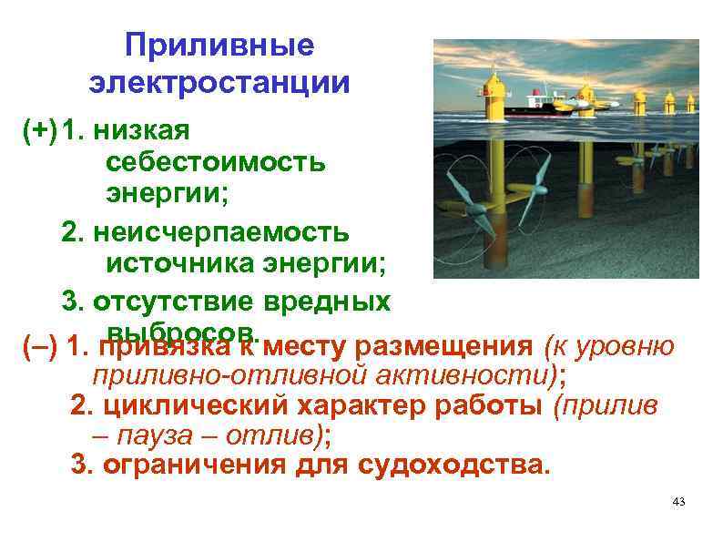 Приливные электростанции (+)1. низкая себестоимость энергии; 2. неисчерпаемость источника энергии; 3. отсутствие вредных выбросов.