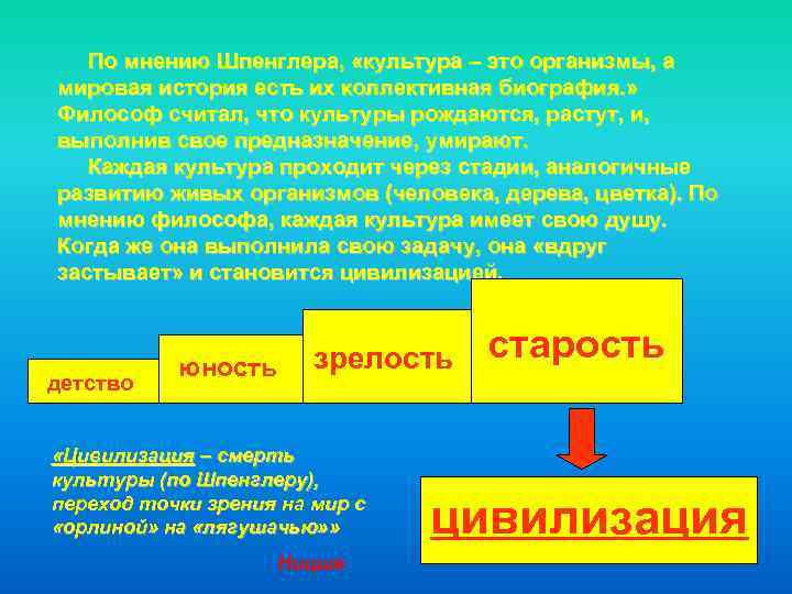 По мнению Шпенглера, «культура – это организмы, а мировая история есть их коллективная биография.