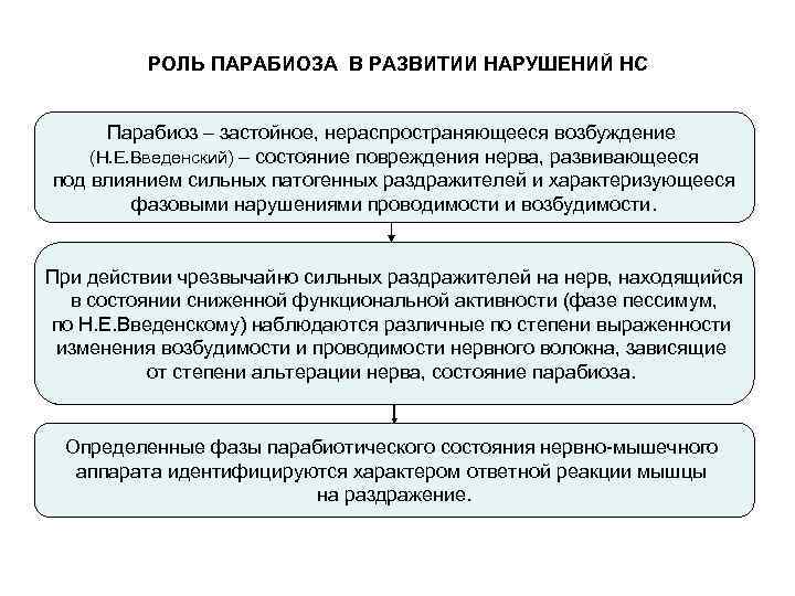 РОЛЬ ПАРАБИОЗА В РАЗВИТИИ НАРУШЕНИЙ НС Парабиоз – застойное, нераспространяющееся возбуждение (Н. Е. Введенский)