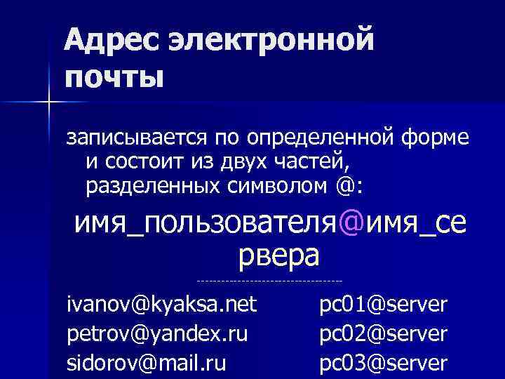 Адрес электронной почты записывается по определенной форме и состоит из двух частей, разделенных символом