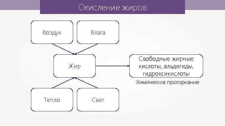 Окисление жиров Воздух Влага Свободные жирные кислоты, альдегиды, гидроксикислоты Жир Химическое прогоркание Тепло Свет