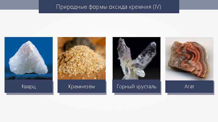 Природные формы оксида кремния (IV) Кварц Кремнезём Горный хрусталь Агат 