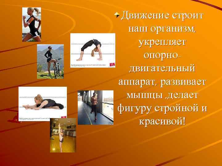 Движение строит наш организм, укрепляет опорнодвигательный аппарат, развивает мышцы , делает фигуру стройной и