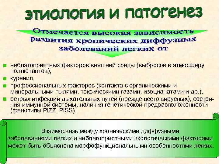 неблагоприятных факторов внешней среды (выбросов в атмосферу поллютантов), курения, профессиональных факторов (контакта с органическими