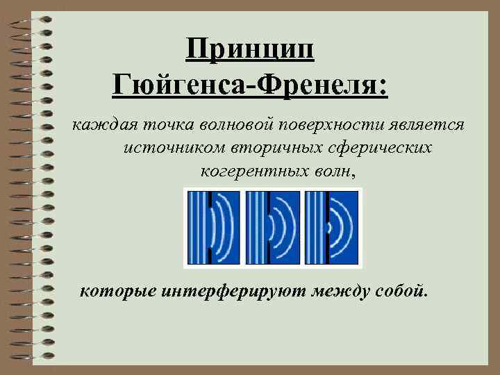 Принцип Гюйгенса-Френеля: каждая точка волновой поверхности является источником вторичных сферических когерентных волн, которые интерферируют