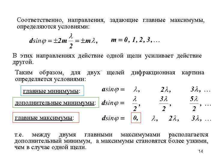 Соответственно, направления, задающие главные максимумы, определяются условиями: В этих направлениях действие одной щели усиливает