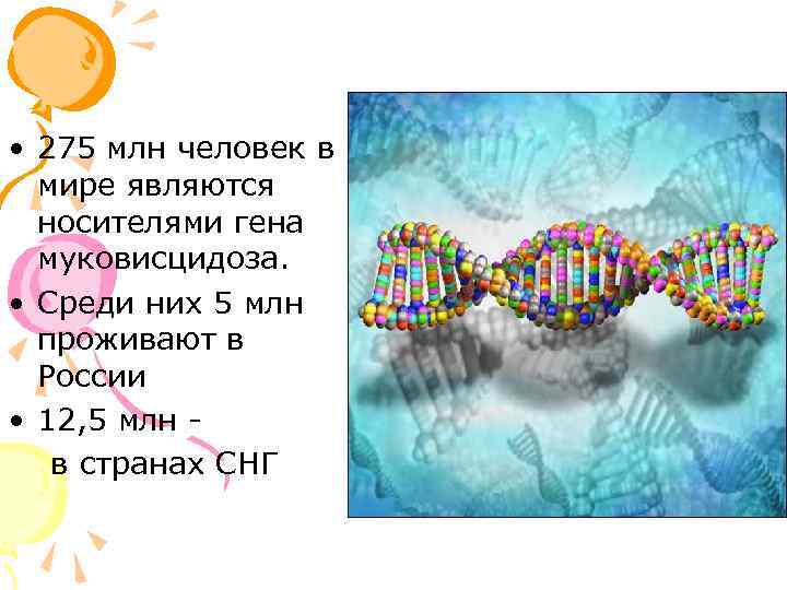  • 275 млн человек в мире являются носителями гена муковисцидоза. • Среди них
