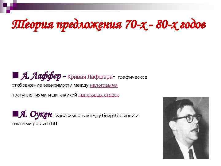 Теория предложения 70 -х - 80 -х годов n А. Лаффер - Кривая Лаффера-