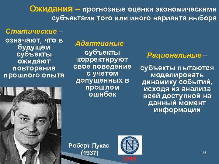 Ожидания – прогнозные оценки экономическими субъектами того или иного варианта выбора Статические – означают,