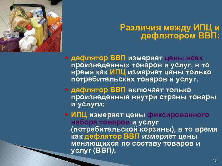 Различия между ИПЦ и дефлятором ВВП: § дефлятор ВВП измеряет цены всех произведенных товаров
