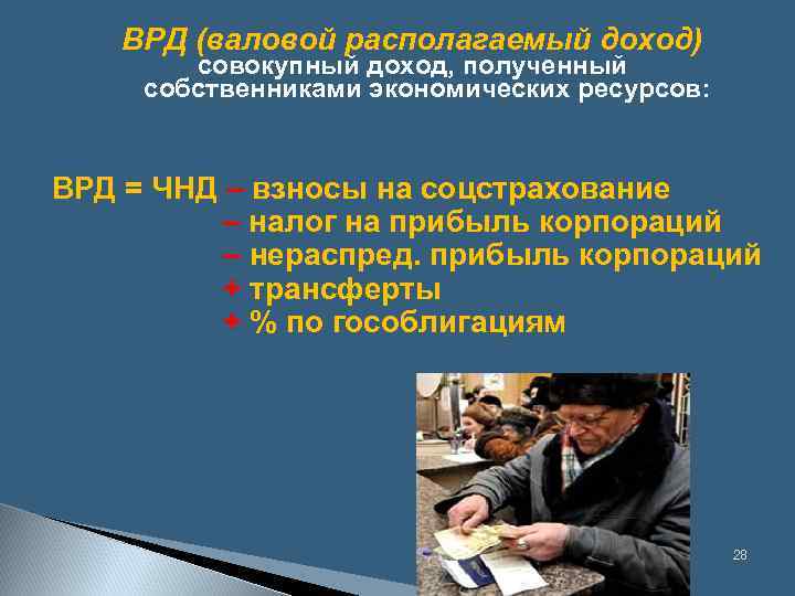ВРД (валовой располагаемый доход) совокупный доход, полученный собственниками экономических ресурсов: ВРД = ЧНД –