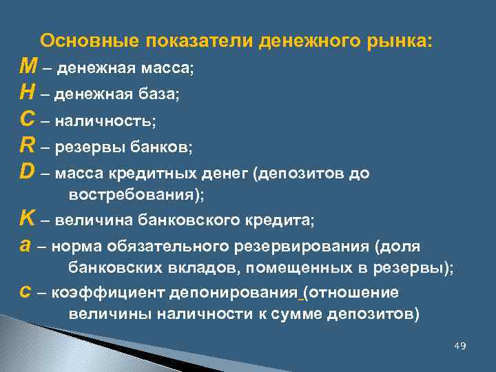  Основные показатели денежного рынка: M – денежная масса; H – денежная база; C