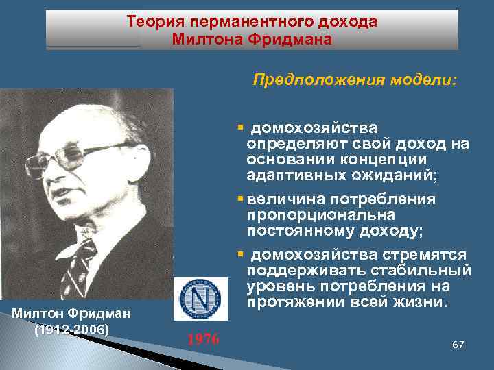 Теория перманентного дохода Милтона Фридмана Предположения модели: Милтон Фридман (1912 -2006) § домохозяйства определяют
