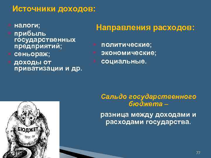 Источники доходов: § налоги; § прибыль государственных предприятий; § сеньораж; § доходы от приватизации