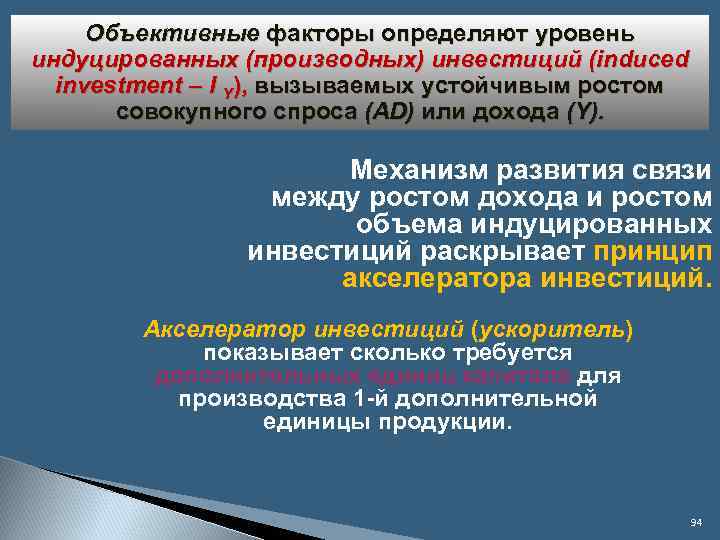 Объективные факторы определяют уровень индуцированных (производных) инвестиций (induced investment – I Y), вызываемых устойчивым