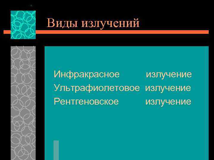 Виды излучений Инфракрасное излучение Ультрафиолетовое излучение Рентгеновское излучение 