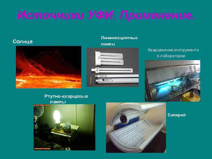 Источники УФИ. Применение. Солнце Люминесцентные лампы Кварцевание инструмента в лаборатории Ртутно-кварцевые лампы Солярий 
