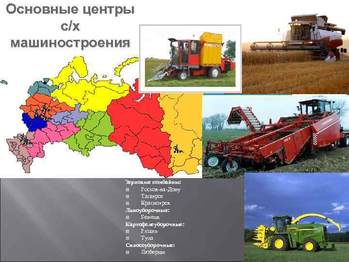 Основные центры с/х машиностроения Зерновые комбайны: Ростов на Дону Таганрог Красноярск Льноуборочные: Бежецк Картофелеуборочные: