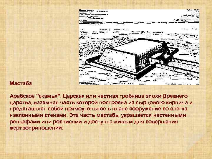Мастаба Арабское "скамья". Царская или частная гробница эпохи Древнего царства, наземная часть которой построена