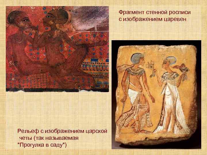 Фрагмент стенной росписи с изображением царевен Рельеф с изображением царской четы (так называемая "Прогулка